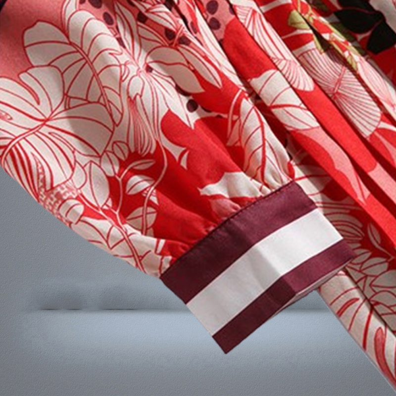 Womens Bow Printed Dress Long Sleeve Spring Autumn Midi Dress Highend Elegant Lady Pleated Dresses Boutique Retro Dress