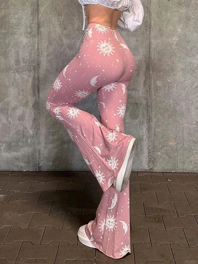 Casual Abstract Print Micro Flare Streetwear Women Low Waisted Patchwork Long Sweatpants Women Summer Fashion Pink Slim Y2k Pant 240530