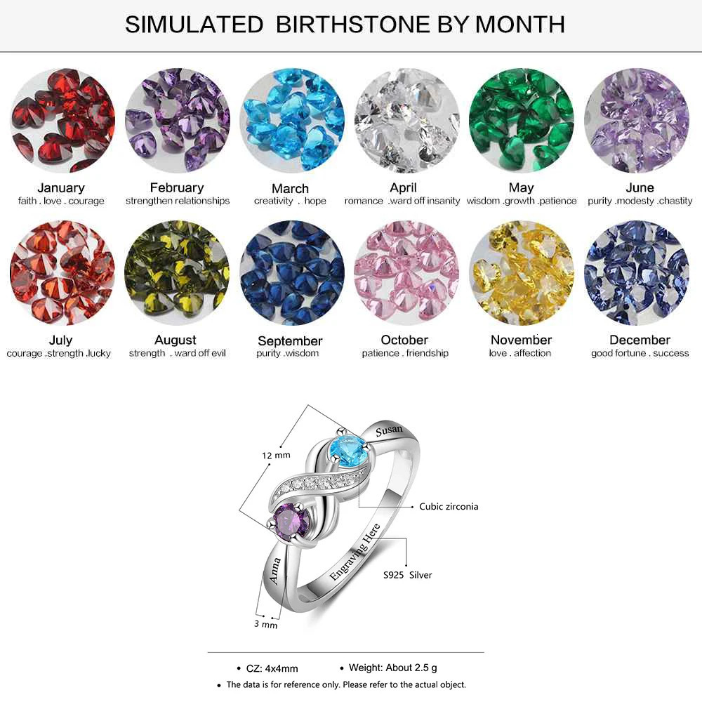 925 Sterling Silver Infinity Mothers Ring with 2 Round Birthstone Custom Engraved Couple Name Engagement Promise Rings for Women 240530