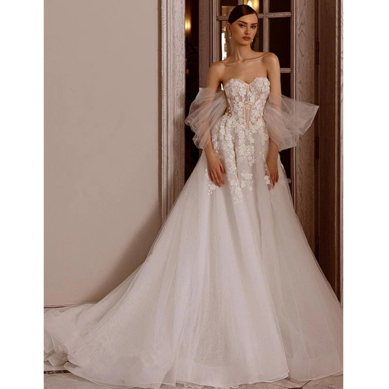 2024A Simple White Tulle E Wedding Dresses With Detachable Wrap Off The Shoulder Long Sleeves Pleats Sweetheart Boho Bridal Gowns Sweeart 6660312