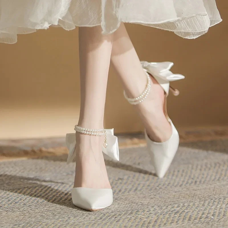 Women Thin Heel Hollow Sandals Woman Pearl Butterfly Pointed Toe High Heels Womens Shoe Wedding Shoes 240605