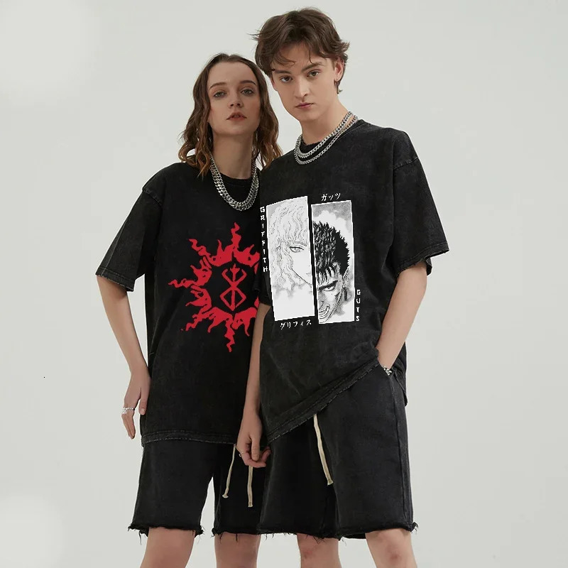 Anime Manga Graphic T-shirt for Men Women Retro Washed Cotton Tees Tops Oversized Tshirt Harajuku Gothic Streetwear Outfits 240601