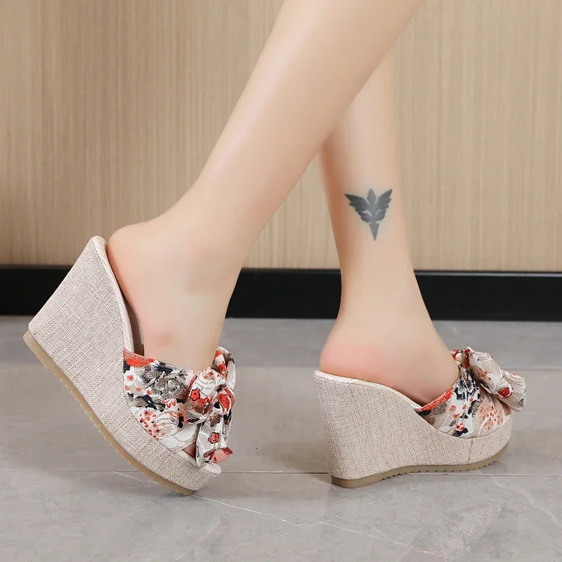 Womens Slide Sweet Bow Womens Open Toe Summer Sexy Flower Shoes High Heel Slide Womens Slide Platform Wedge Shoes 240605