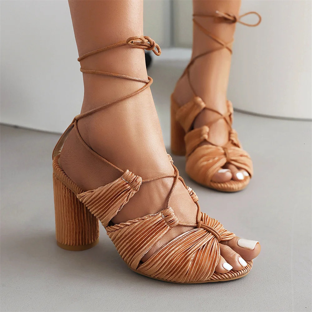 Summer Gold Heels Cross Strappy Lace Up Sandals For Women Elegant Fashion Med Block Metalic Velvet Wedding Dress Shoes Open Toe 240605
