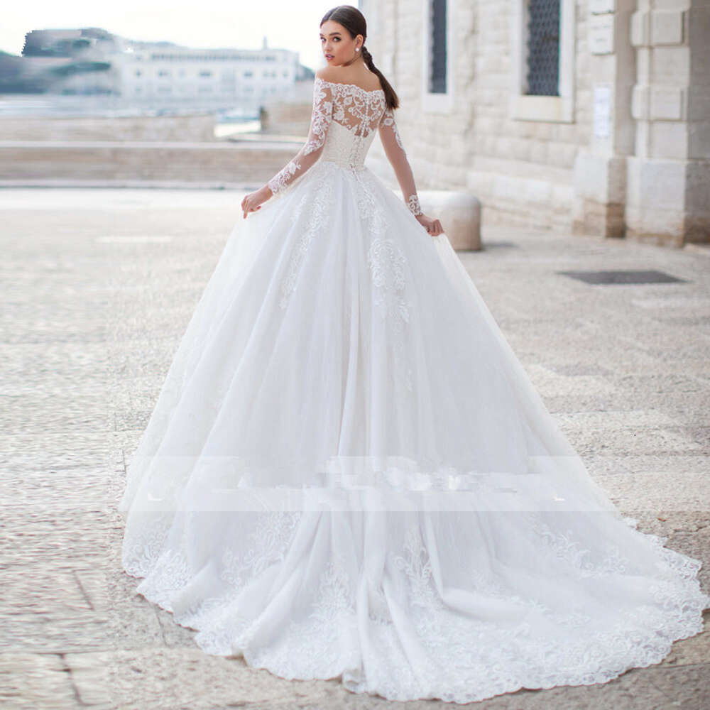 Appliques Sparkly Tulle Ball Wedding Dress Boat Neck Long Sleeve Vintage Bridal Gown Vestidos De Novia 0914