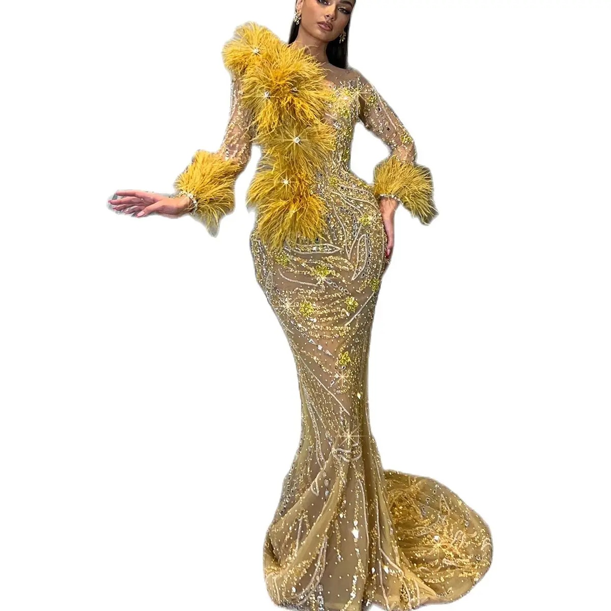 Modern Feather Luxurious Prom Dresses Crystal Long Sleeve Beaded Evening Dress Custom Made Sequined Beaded Celebrity Party Gown
