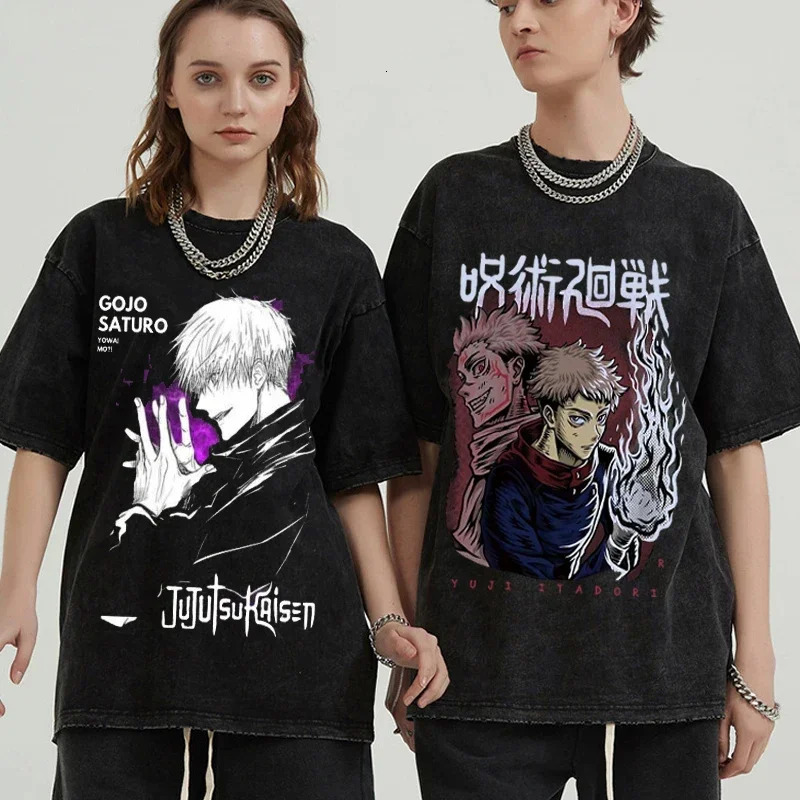 Retro Washed Cotton T-shirt Tops Anime Graphic Tees for Men Women Summer Casual Oversized Tshirt Harajuku Streetwear 240601