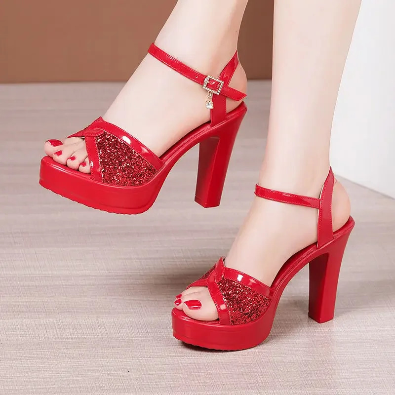 Small size 32-43 white red light wedding shoes womens block high heels sandals 2024 summer platform sandals office model 240605