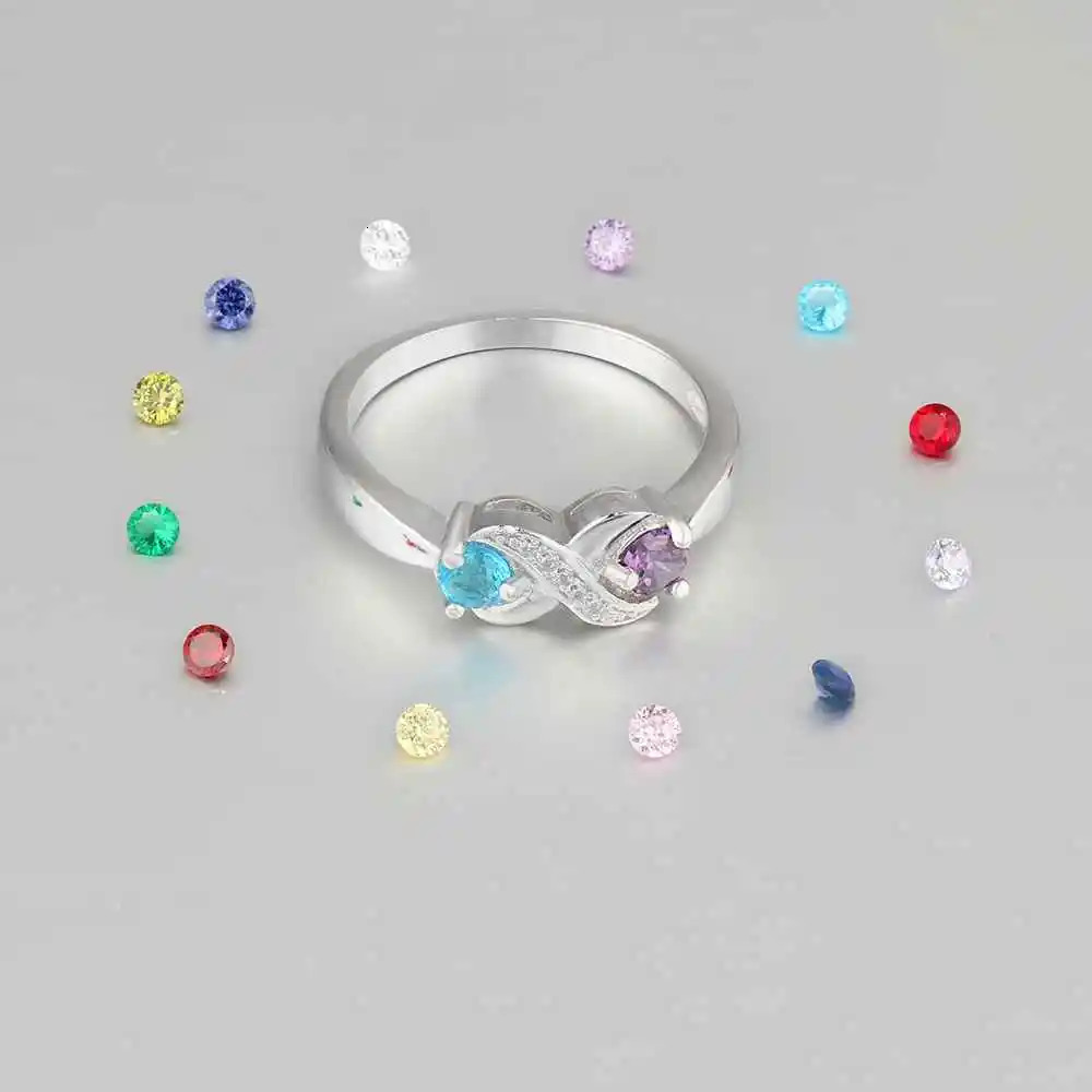 925 Sterling Silver Infinity Mothers Ring with 2 Round Birthstone Custom Engraved Couple Name Engagement Promise Rings for Women 240530