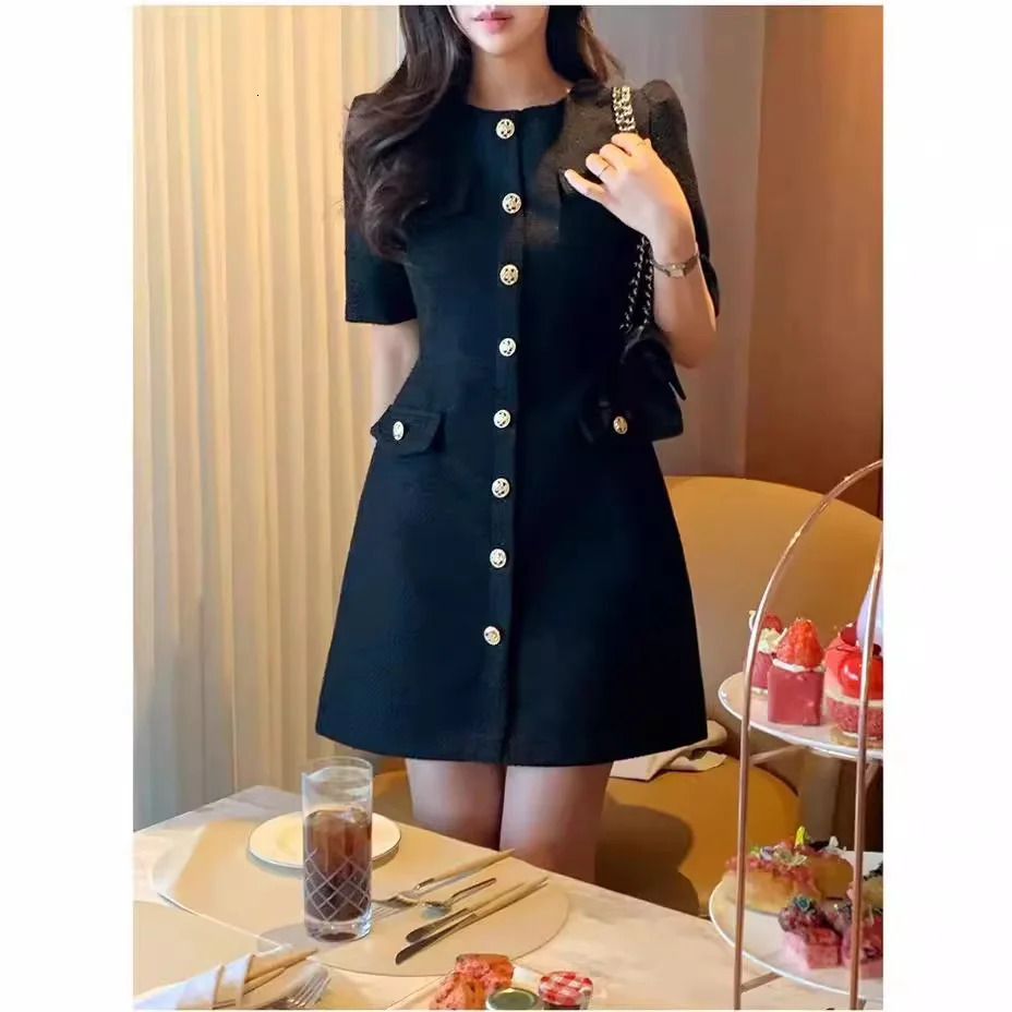 Womens Summer Temperament Coarse Tweed Bubble Sleeved Dress 240529