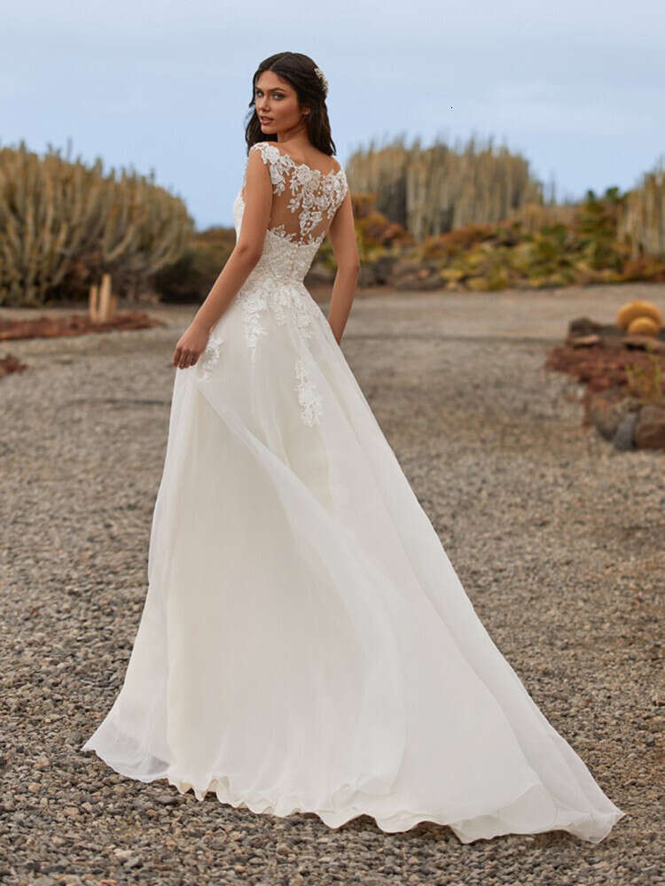 Bohemian Simple A Line Wedding Dresses V Neck Sleeveless Lace Applique Sweep Train For Women Weeding Gowns Sashes Custom 0605
