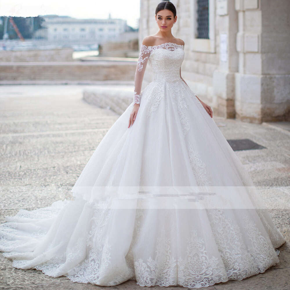 Appliques Sparkly Tulle Ball Wedding Dress Boat Neck Long Sleeve Vintage Bridal Gown Vestidos De Novia 0914