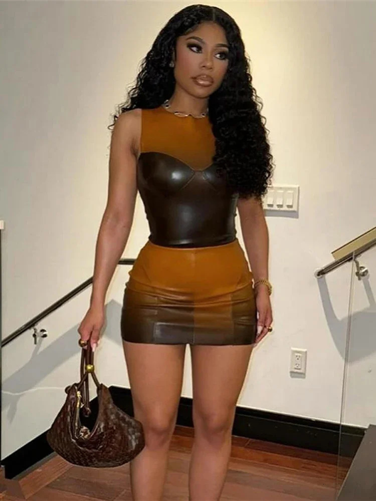 Patchwork PU Leather Bodycon Y2K Dress Suit Summer Sleeveless Crop Tank Tops Mini Skirt Two Piece Matching Sets Outfits 240601