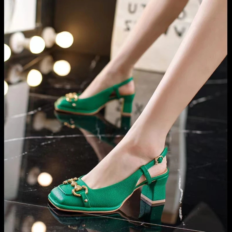 Womens Mid-heel Summer French Style Flat Casual Sandals Chunky Heel Mary Jane Shoes Black Green Talon Femme 240605