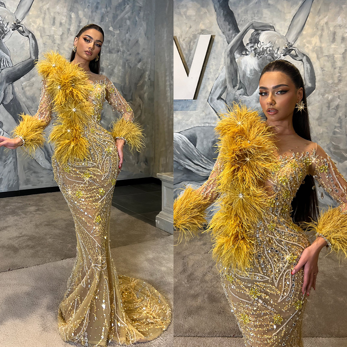 Modern Feather Luxurious Prom Dresses Crystal Long Sleeve Beaded Evening Dress Custom Made Sequined Beaded Celebrity Party Gown