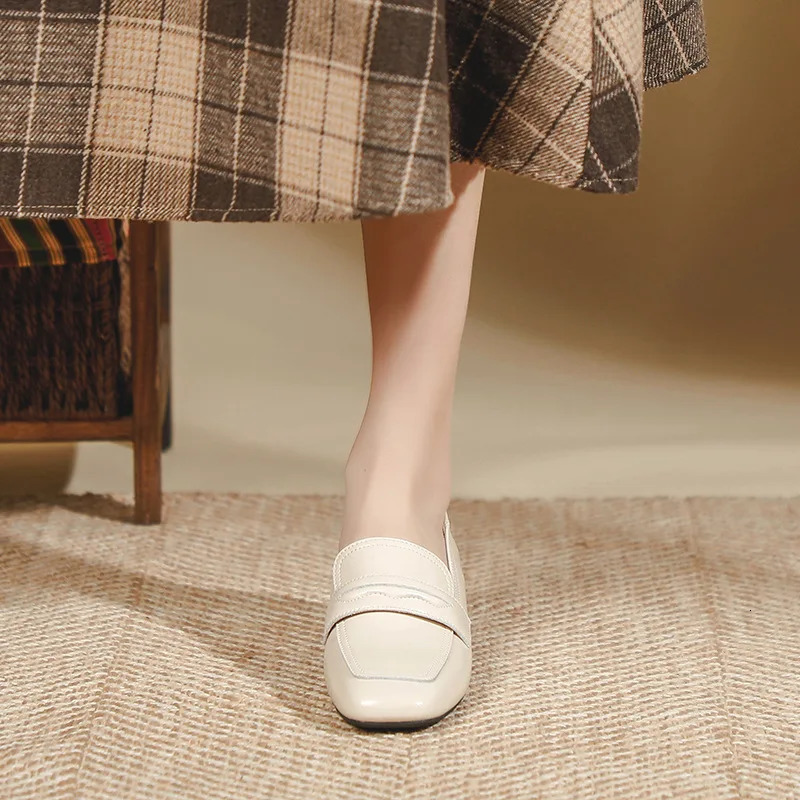 oxford Genuine women shallow Leather flats shiny leather office shoes british square toe chunky heels loafers woman