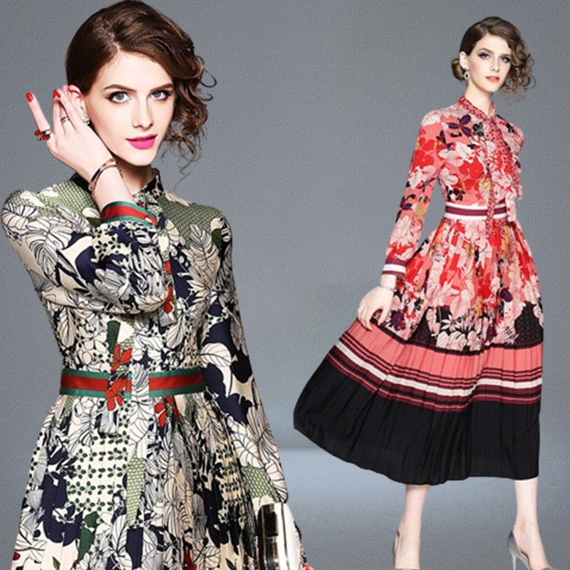 Womens Bow Printed Dress Long Sleeve Spring Autumn Midi Dress Highend Elegant Lady Pleated Dresses Boutique Retro Dress