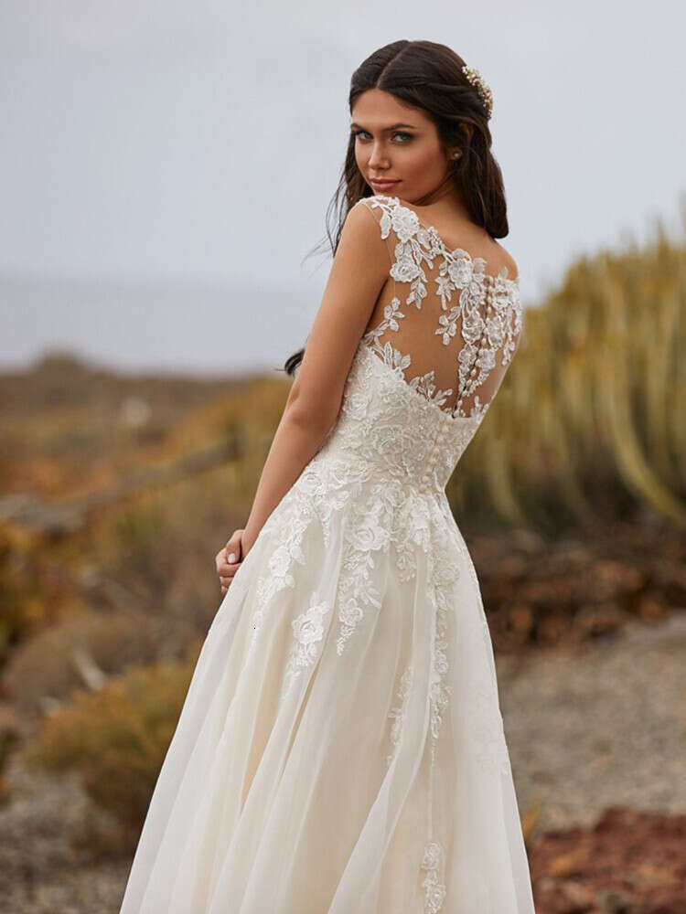 Bohemian Simple A Line Wedding Dresses V Neck Sleeveless Lace Applique Sweep Train For Women Weeding Gowns Sashes Custom 0605