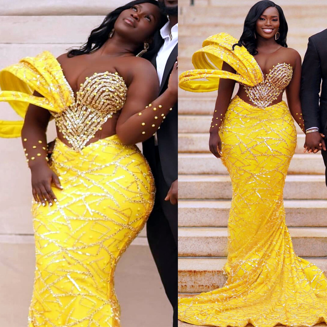 Aso Ebi 2024 Yellow Mermaid Prom Dresses Beaded Sequined Lace Evening Party Formal Second Reception Birthday Enagement Thanksgiving Dress Gowns LF075