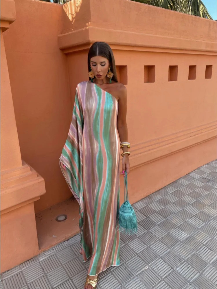 Striped Contrasting Oblique Shoulder Womens Sundress Asymmetric Sleeves Long Dress Ladies Summer Party Evening Clothes 240603
