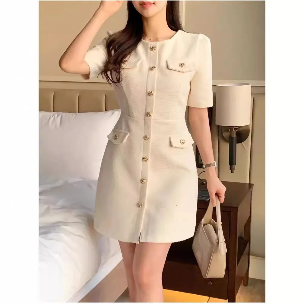 Womens Summer Temperament Coarse Tweed Bubble Sleeved Dress 240529