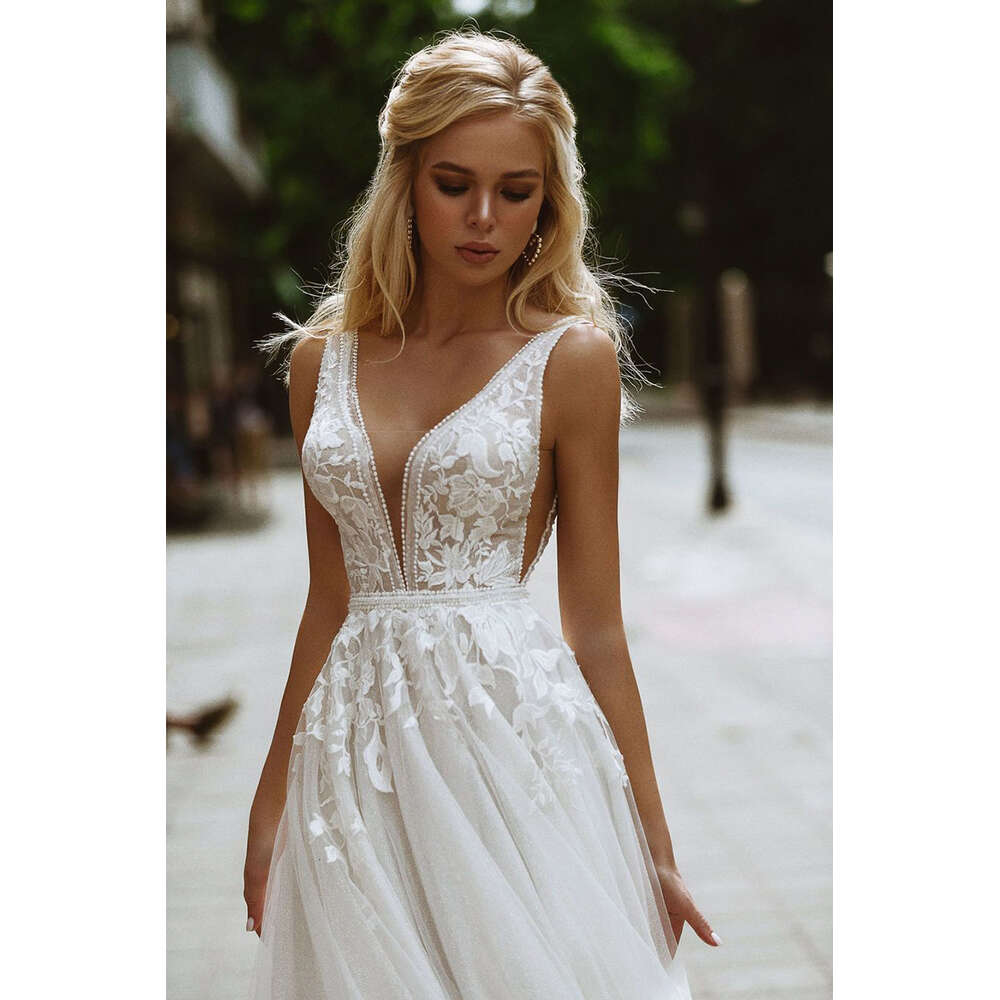 Elegant Boho Dresses V-Neck Appliques Lace A-Line Tulle Wedding Gown Beach Simple Bridal Dress Bestidos De Novia 0605