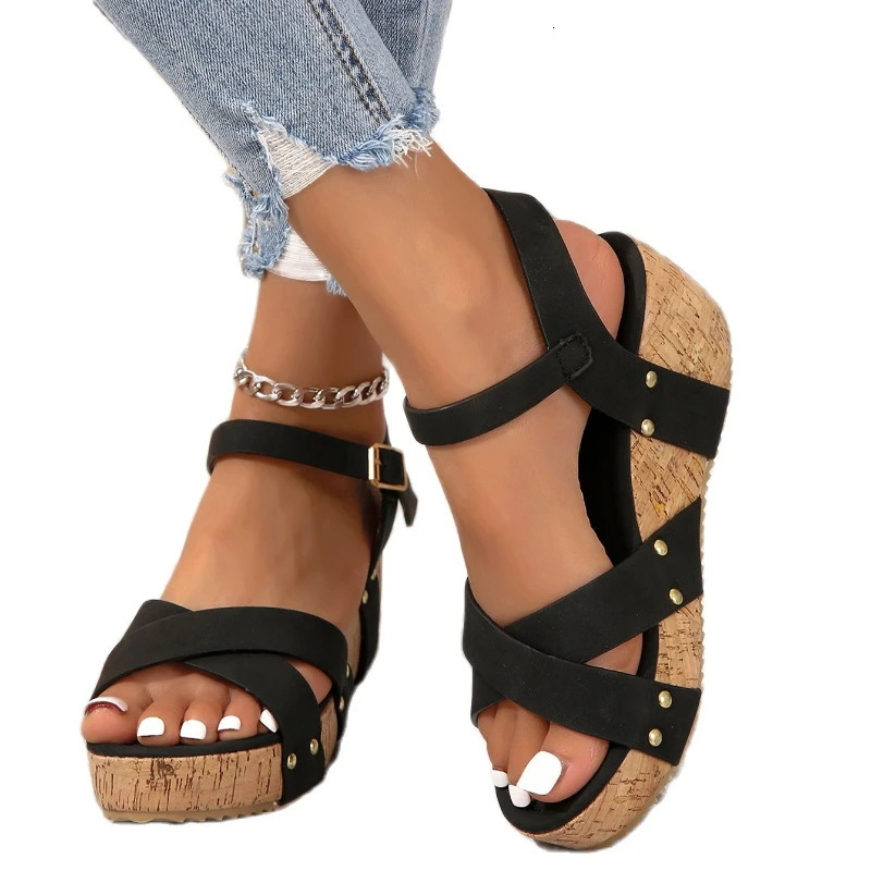 Platform Wedge Sandals Fashion Roman Buckle Peep Toe Heels Womens Shoes Summer Trend Black Leisure Lightweight Rubber Sole 240528