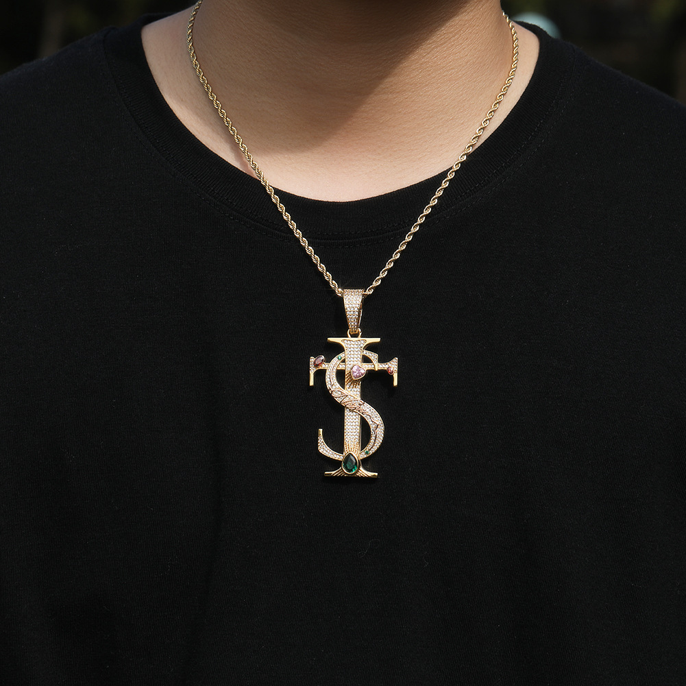 Hip Hop TS Cross Pendant Necklace Colorful 5A Zircon Real Gold Plated Jewelry