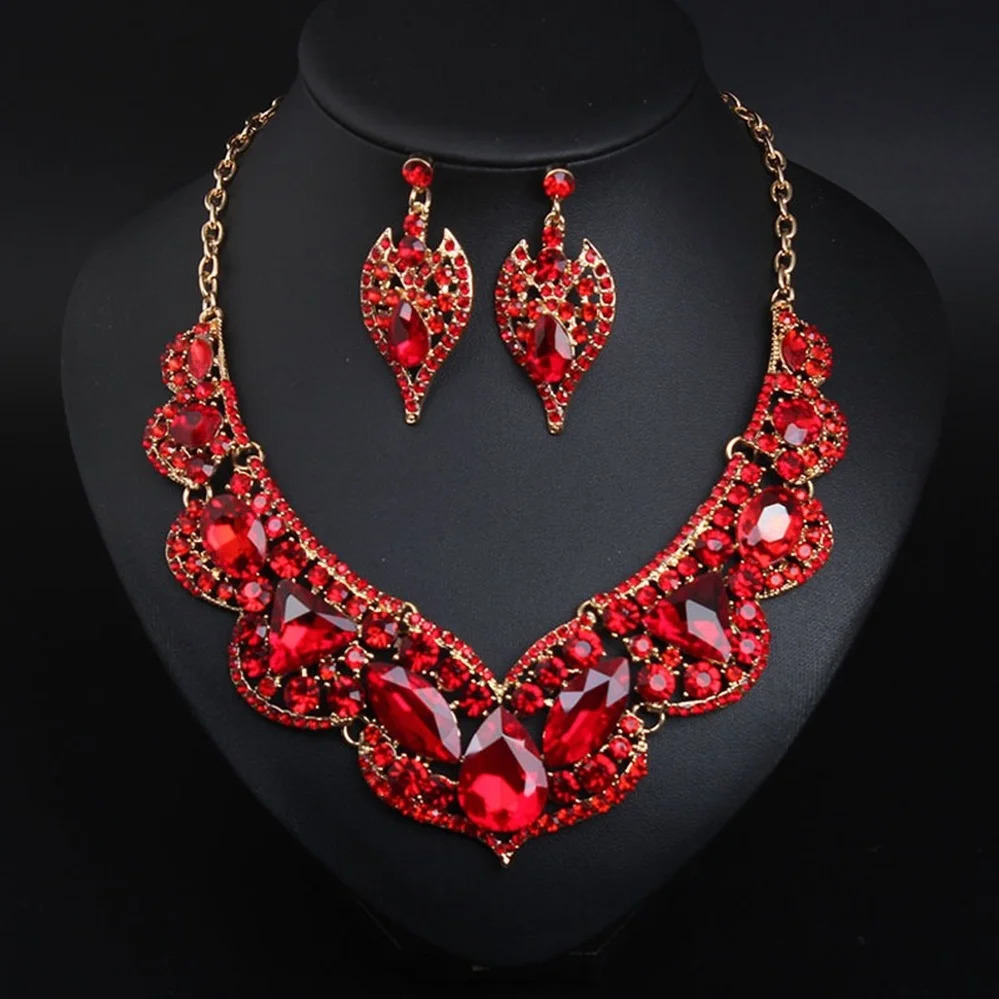 Exaggerated Ruby Clavicle Necklace and Earring for Women Set Fashion Bridal Wedding Jewelry Gemstone Fashion Accessories 240531