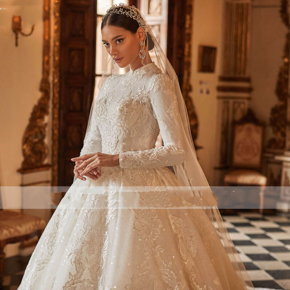Appliques Gorgeous Chapel Train Ball Muslim Wedding Dresses Elegant High Neck Beading Full Sleeve Vintage Bridal Gown