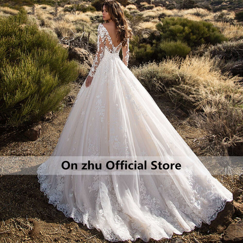 Glamorous Lace Appliques A-e Wedding Dresses Sexy Scoop Neck wers Long Sleeve Princess Bride Gown Plus Size 0605