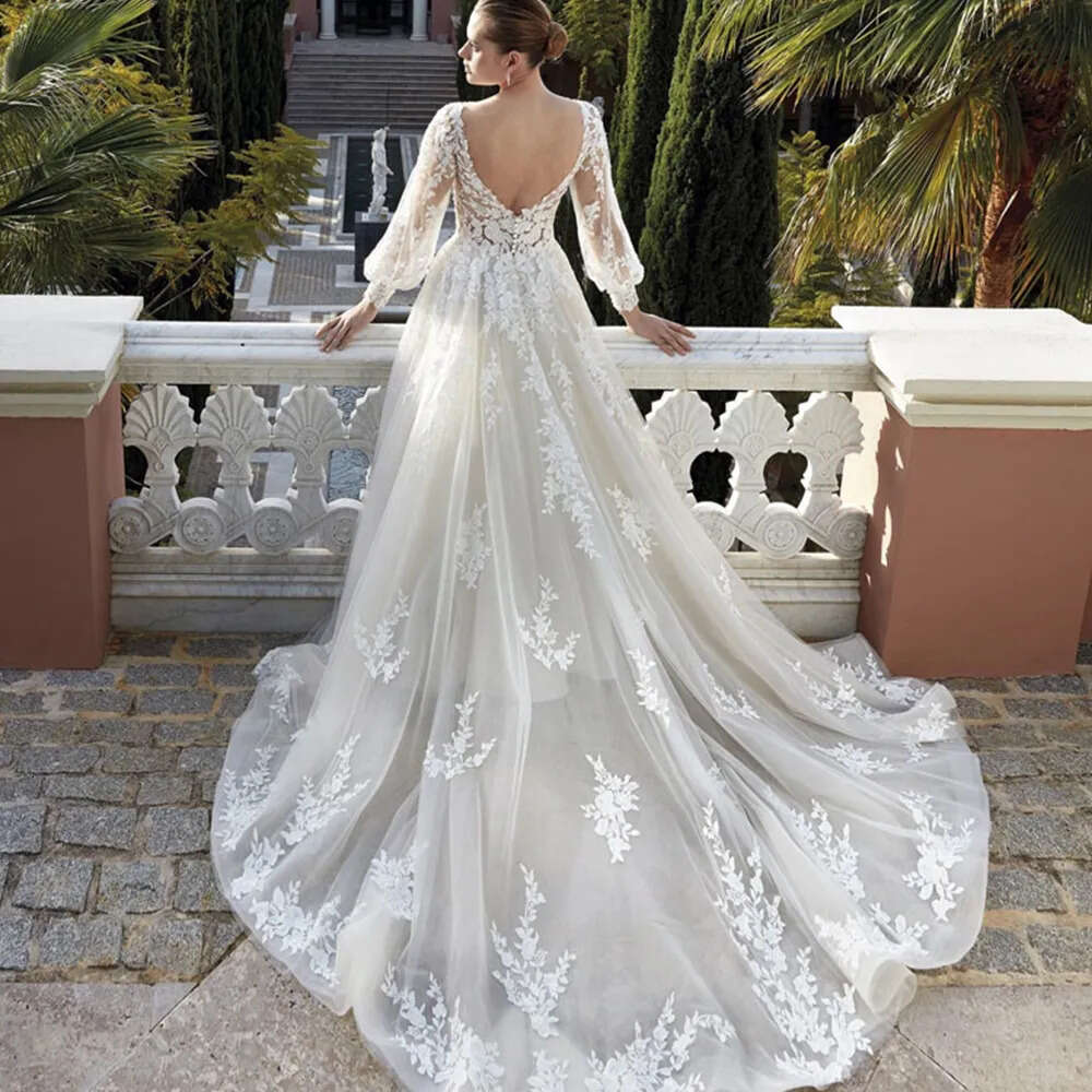 Wedding Dresses For Women 2024 V Neck Lace Applique A Line Bridal Gowns With Long Puff Sleeves Civil Vestidos De Novia 0605