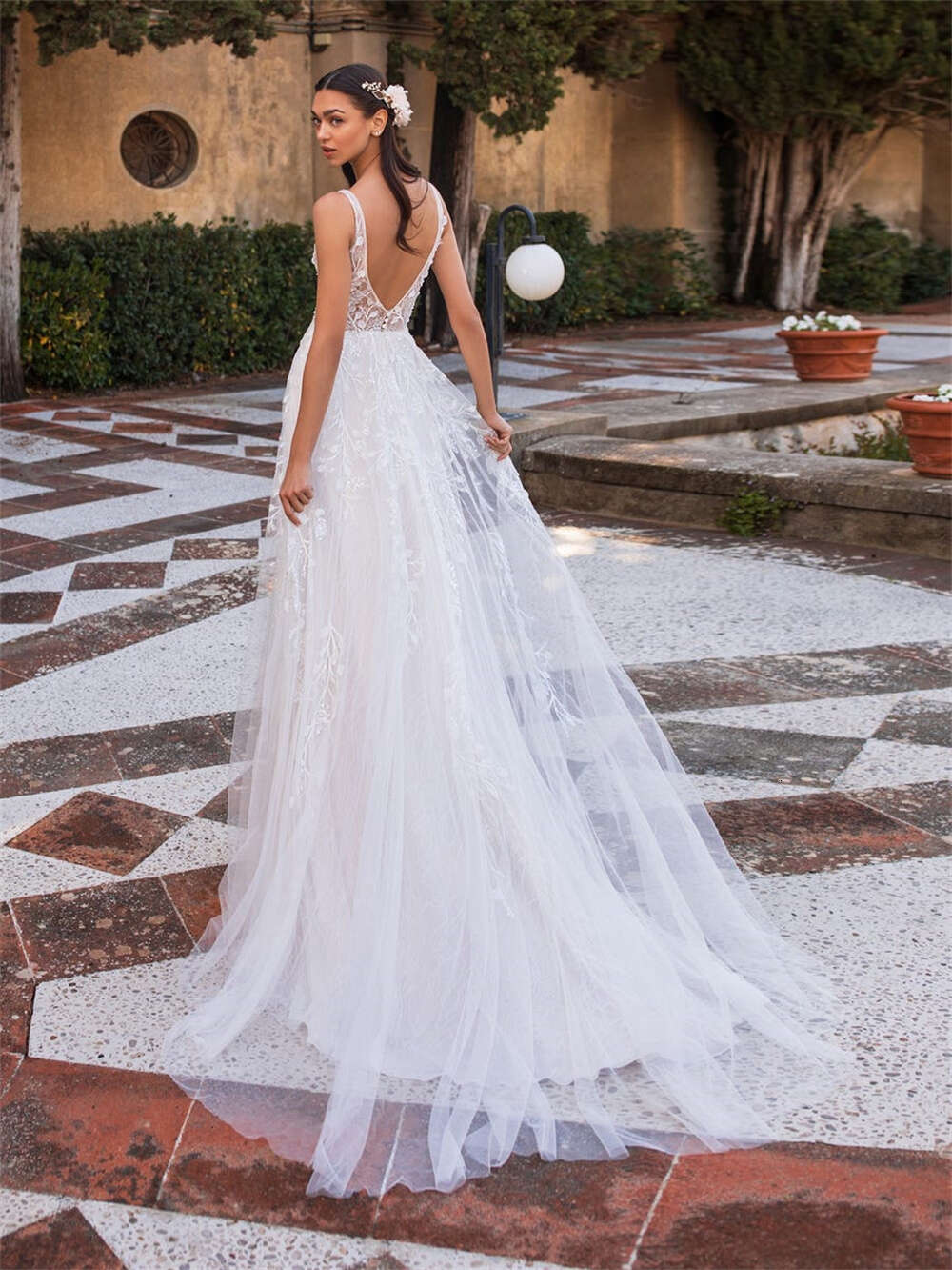 Boho Chic A-e Wedding Dress For Women Backless V-Neck Bride Dresses Tulle Lace Bridal Gown Vestidos De Novia 0605
