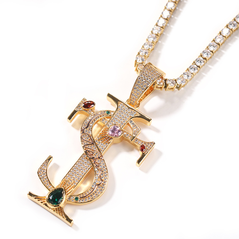 Hip Hop TS Cross Pendant Necklace Colorful 5A Zircon Real Gold Plated Jewelry