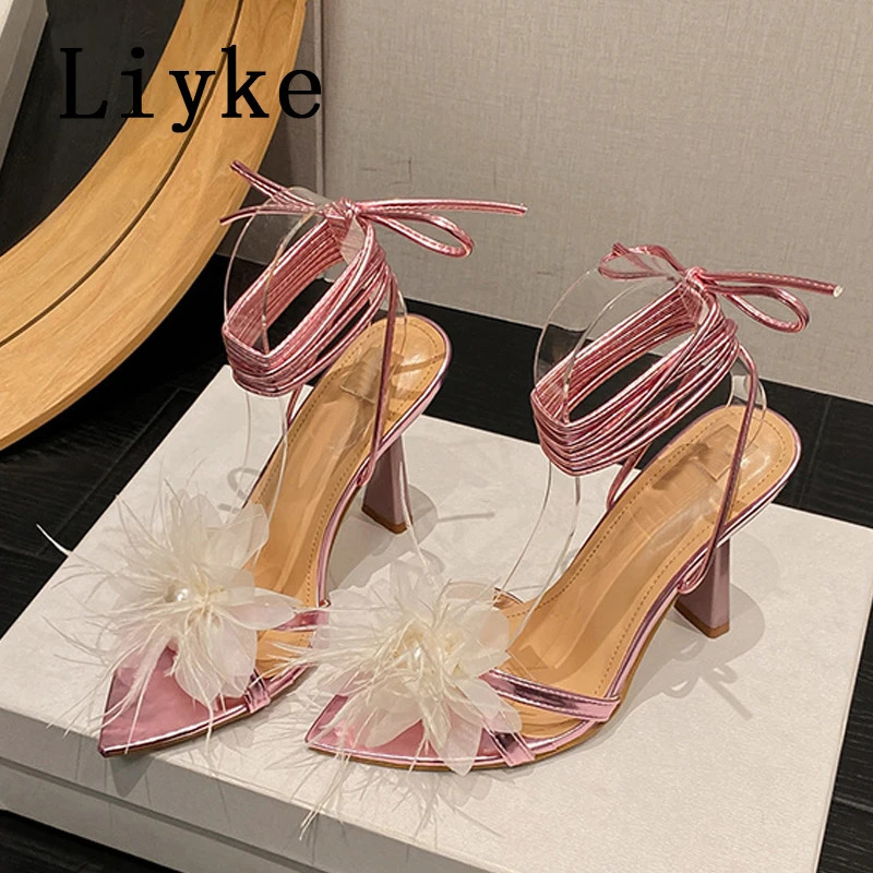 Liyke Sexy Purple Cross Ankle Strap Sandals Women Elegant Party Wedding Banquet Shoes Fashion Pearl Flower Open Toe Strappy Heel 240605
