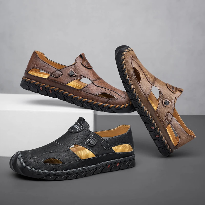 CLOHOO Mens Breathable Leather Shoes Hollow Hole Shoes Soft Sole Soft Surface Casual Sandals 240605