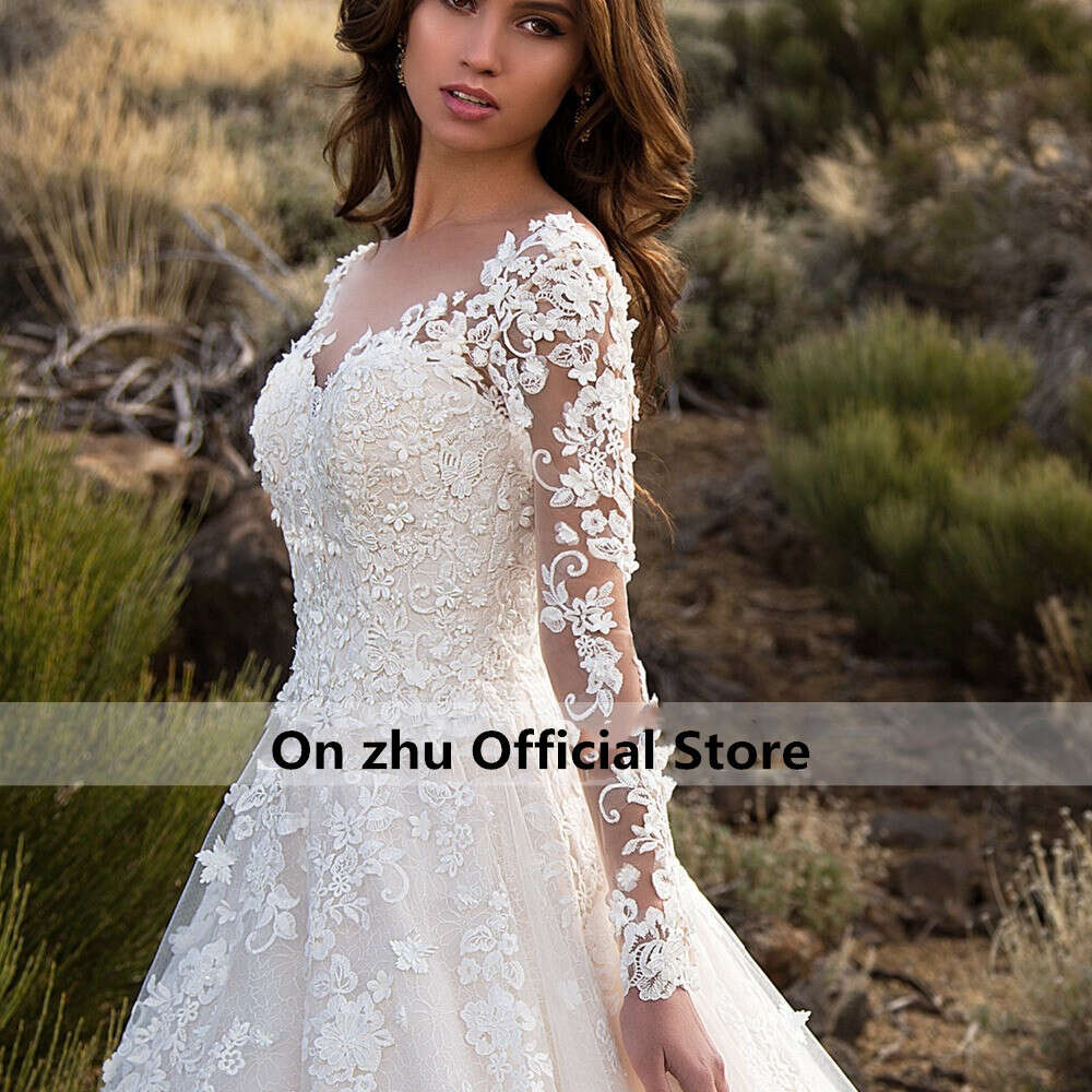 Glamorous Lace Appliques A-e Wedding Dresses Sexy Scoop Neck wers Long Sleeve Princess Bride Gown Plus Size 0605