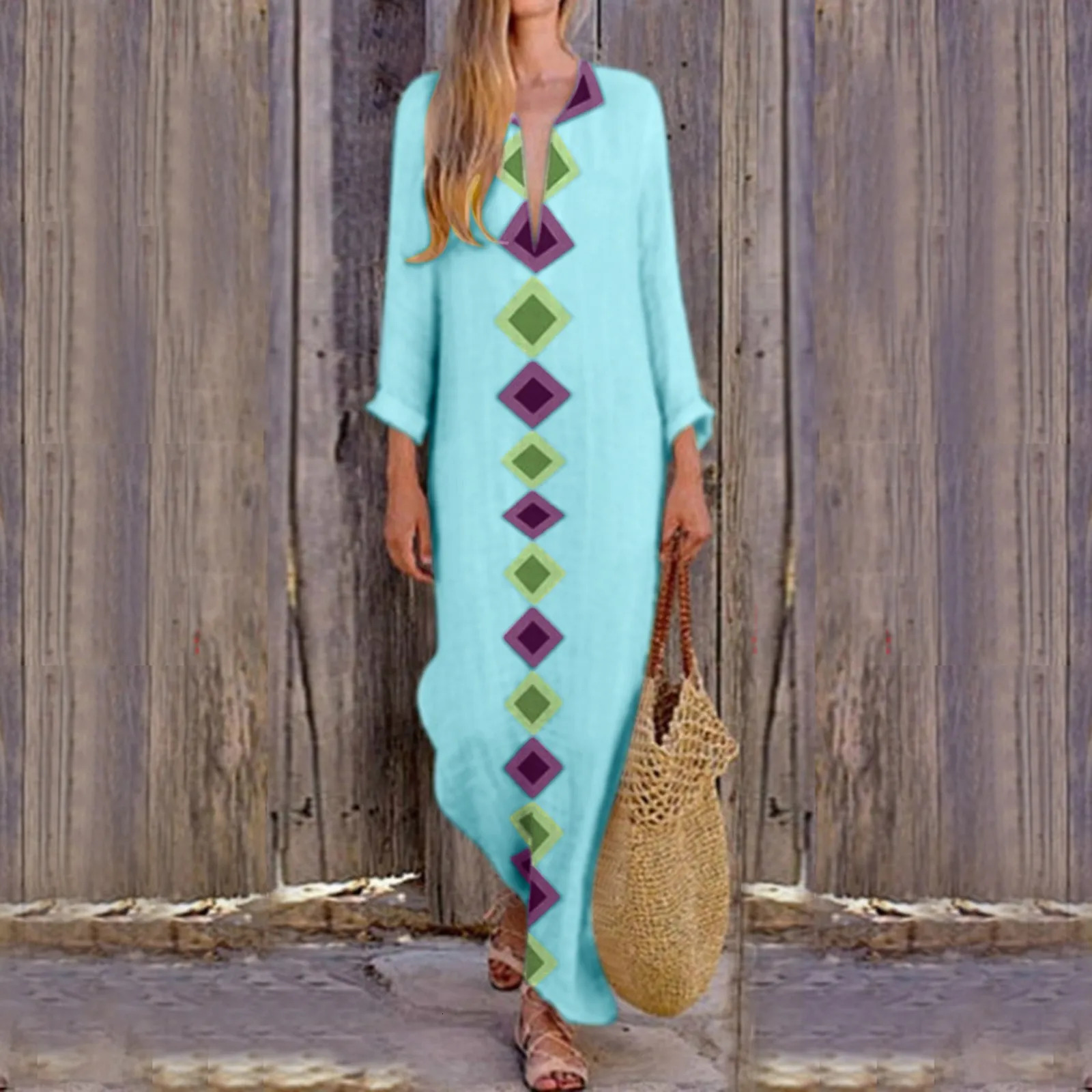 Petite Midi Dress Women Casual Boho Dresses Fashion Print Dress V Neck Big Swing Dress Long Sleeve Maxi T Shirt Dress Sleeveless 240529