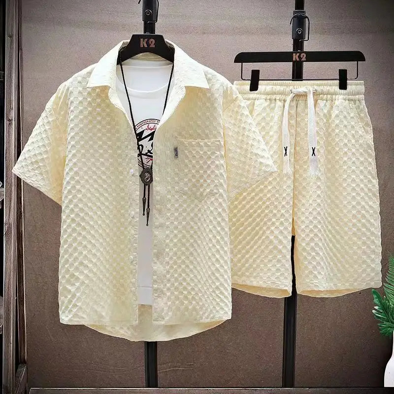 Summer Men Sets Casual Oversize Plaid Lapel Short Shirts Shorts TwoPiece Solid Sleeve Loose Fashion Streetwear 240601