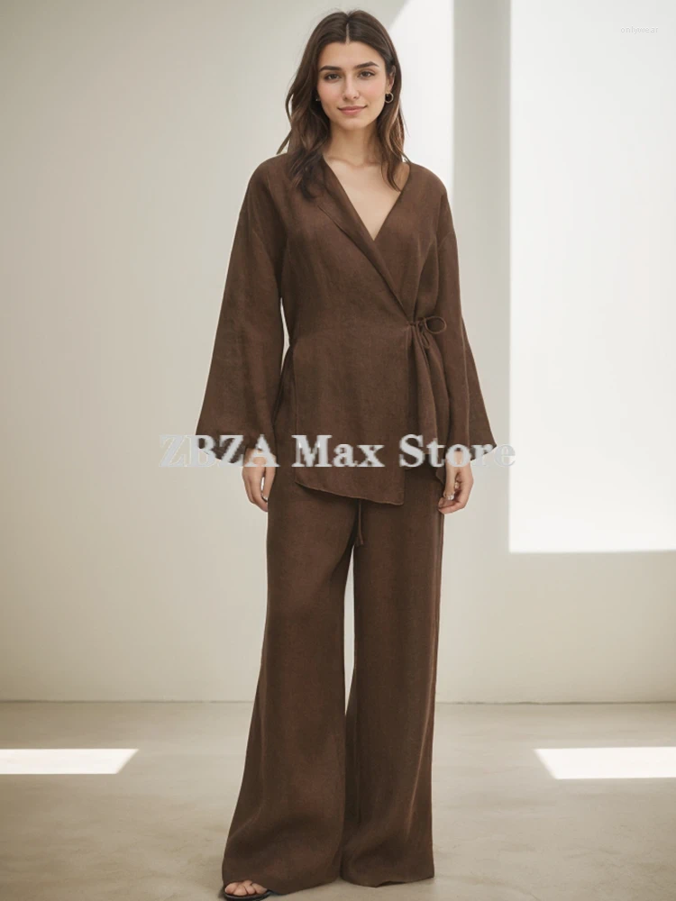 Women's Two Piece Pants ZBZA Textured Side Tie Up Coat Trousers Suit V-neck Long Sleeve Shirt Flowing Loose Wide Leg Chic Female Outfit