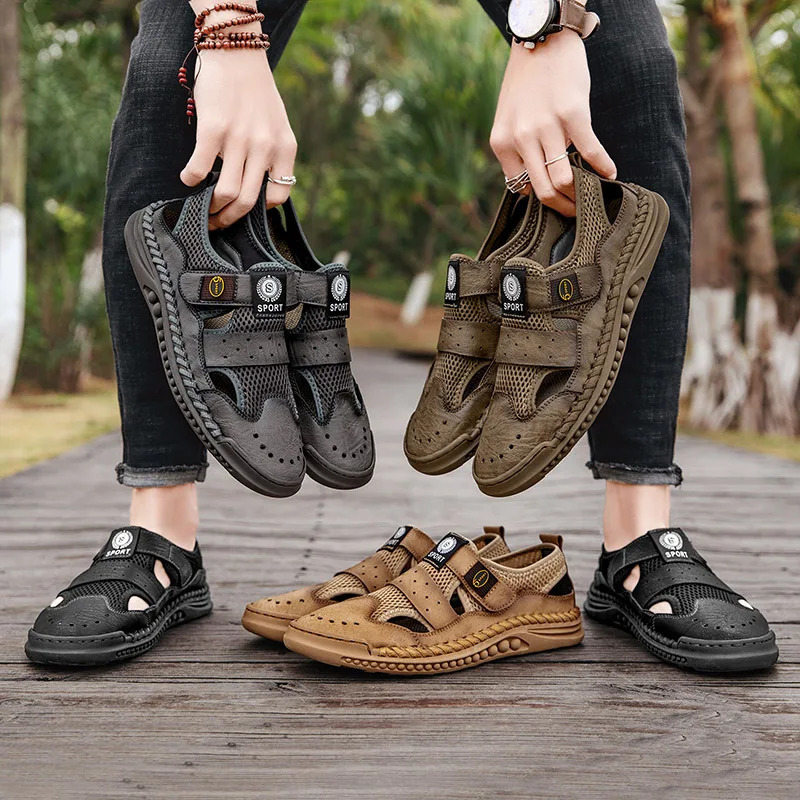 Summer Mens Sandals Handmade Mesh Sports Shoes Casual Breathable Mens Sandals Outdoor Walking Comfortable Mens Sandals Large Size 240605