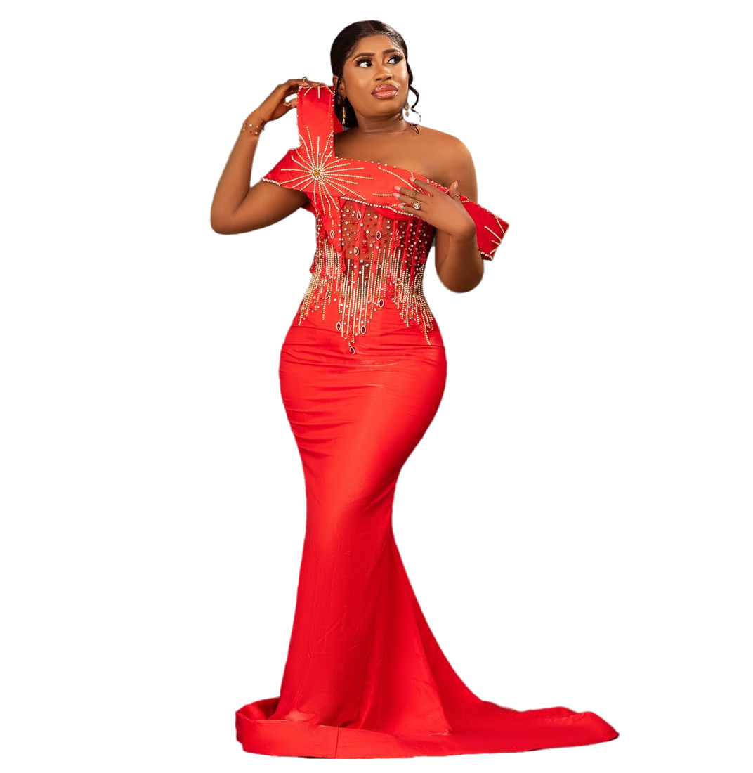 Aso Ebi 2024 Red Mermaid Prom Dresses Stylish Beaded Crystals Evening Party Formal Second Reception Birthday Enagement Thanksgiving Dress Gowns LF074