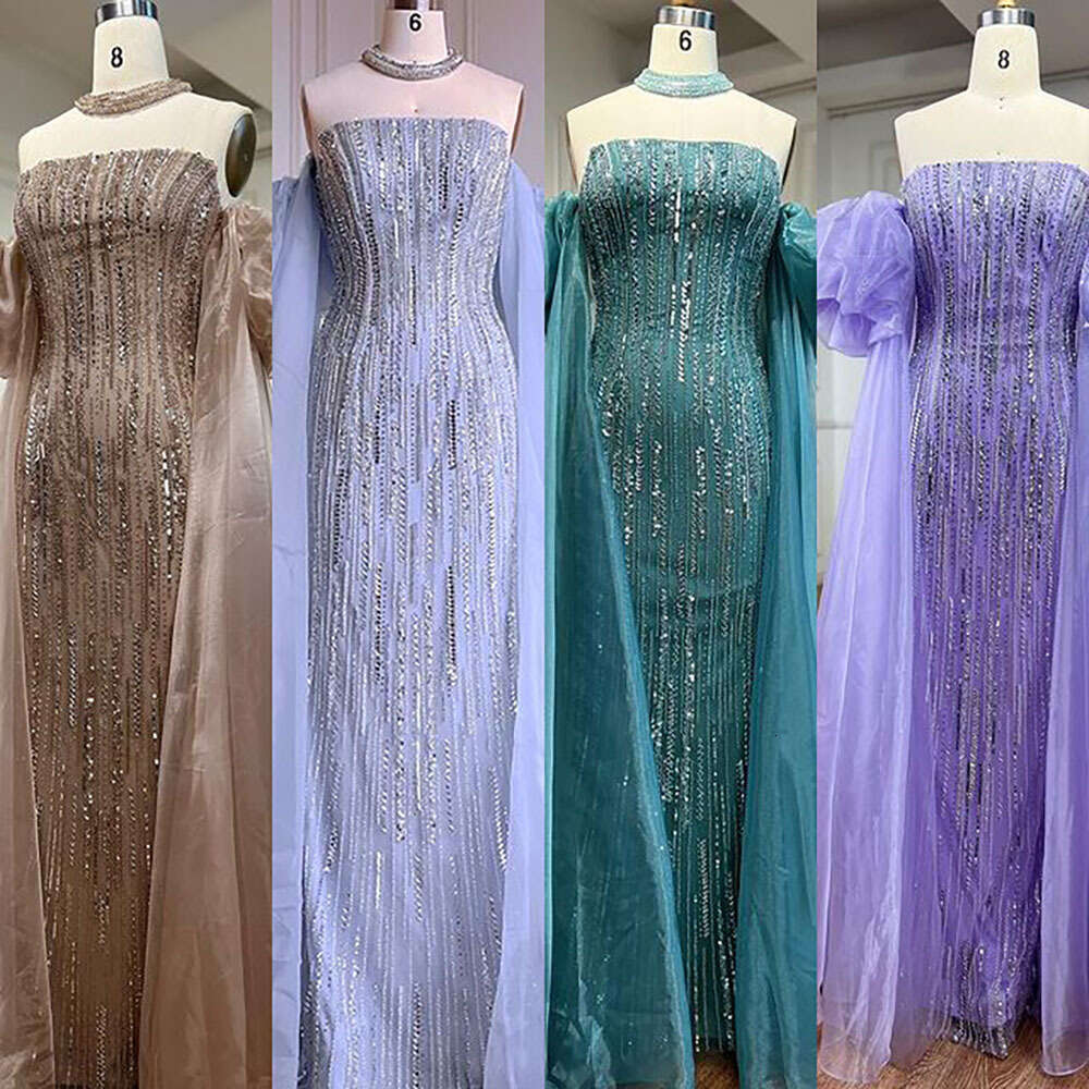 Serene Hill Dubai Arabic Blue Mermaid Balloon Sleeves Crystal Beaded Evening Dresses Gowns For Women Party LA71823