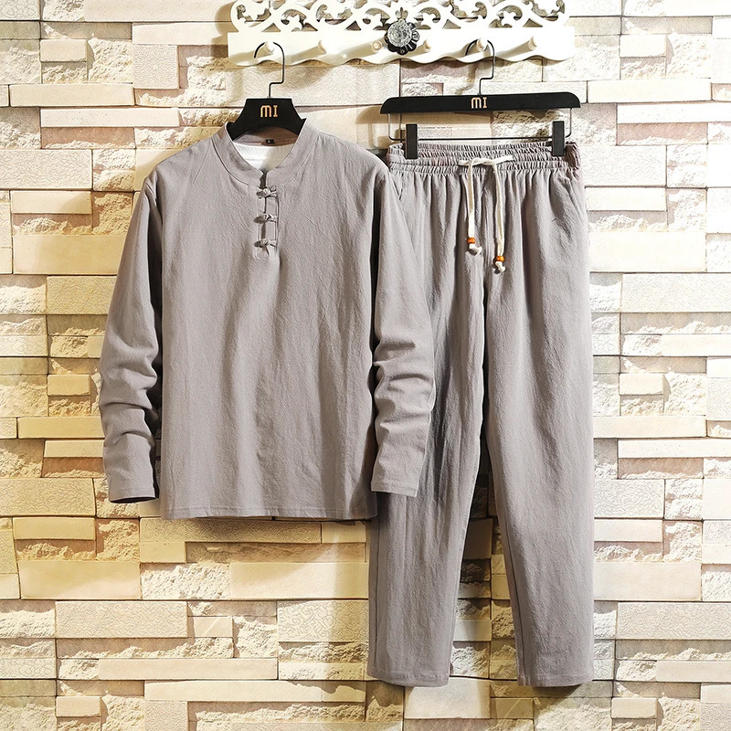 Arrival Mens Cotton and Linen Long Sleeve T-shirtPant Set Solid ShirtTrousers Home Suits Male 4 Colors Size M-5XL 8006 240530