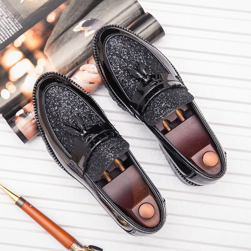 Large size new product pointed men's trend sequins leather boots English dress free shipping shoes