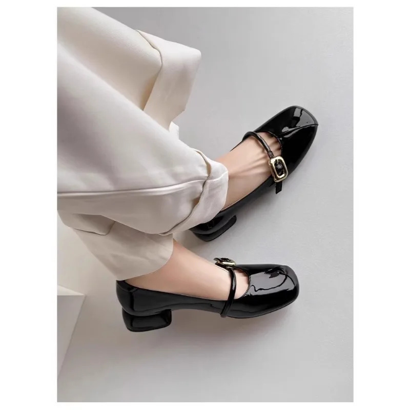 Shallow Mouth Single Women Spring and Autumn Low Mary Jane Shoes with Thick Heel Non-slip Square Patent 240605