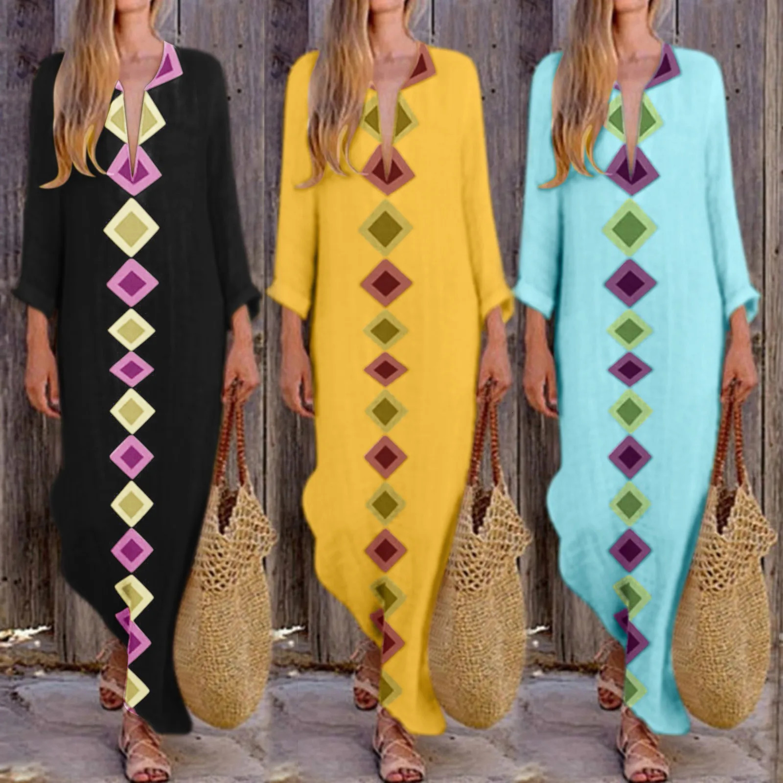 Petite Midi Dress Women Casual Boho Dresses Fashion Print Dress V Neck Big Swing Dress Long Sleeve Maxi T Shirt Dress Sleeveless 240529