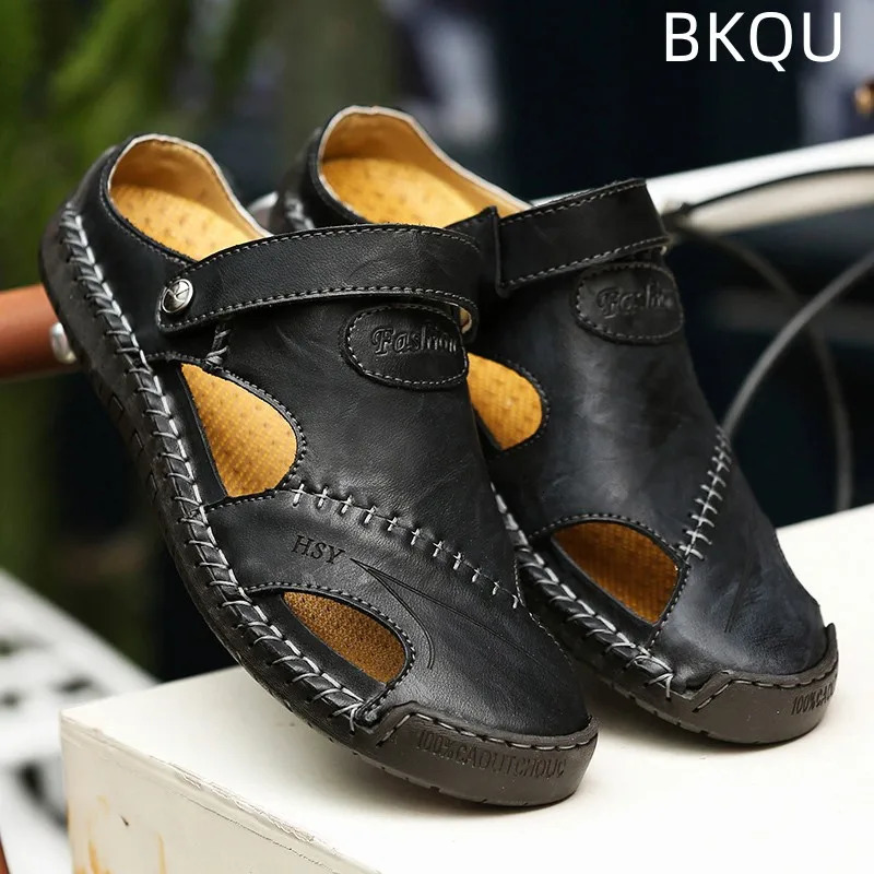 Mens summer leather sandals comfortable massage fashionable casual anti slip breathable trendy waterproof wear-resistant large-sized 240605