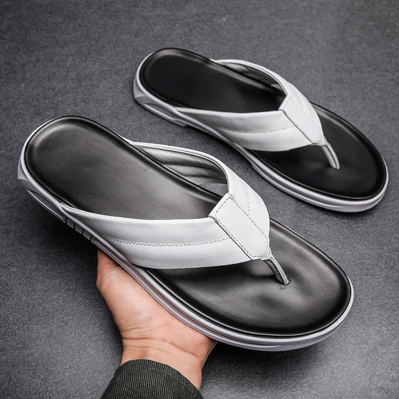 Trend Men Flip-flops Leather Slippers Casual Beach Summer Shoes Male Flat Non-Slip Comfortable Classic Black Slides Plus Size 240605