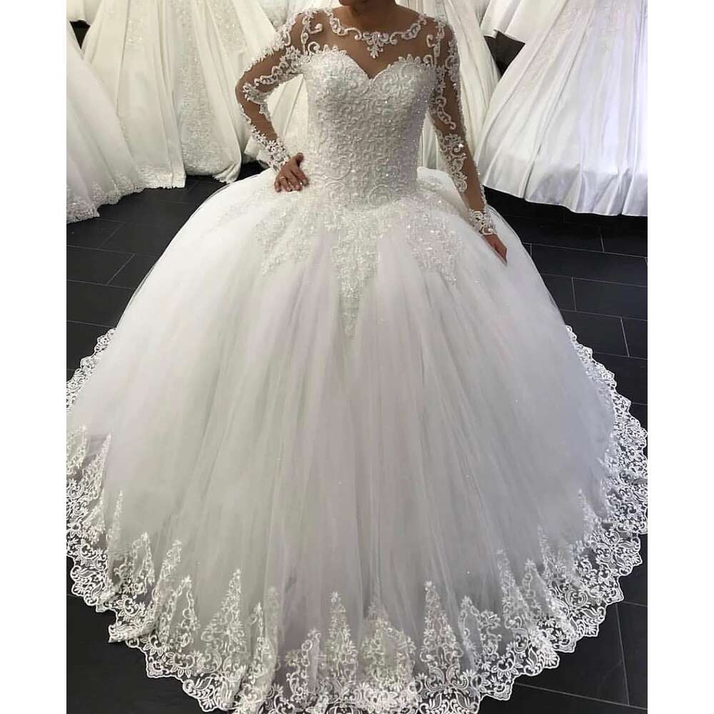 Vestidos De Noiva Elegant Ball Gown Long Sleeve Dresses White Appliques Princess Lace Wedding Gowns Robe Mariage Lz0304